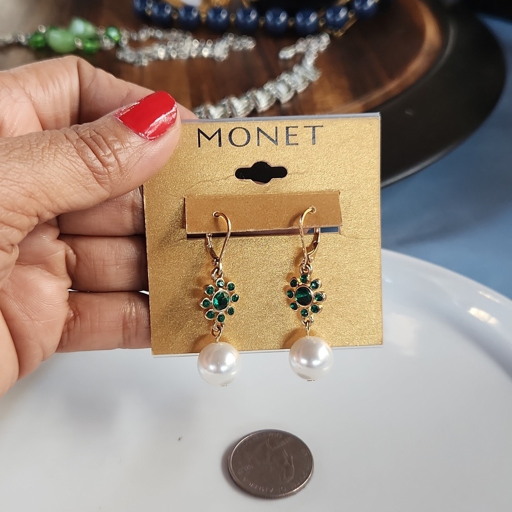 Monet Green Zircon Pearl Drop‎ ,Gold Pearl Earrings Dangle,Green Earrings.